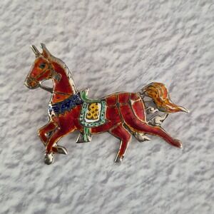 Vintage Siam Sterling Silver Enamel Horse Brooch Equestrian Pin Red Multi